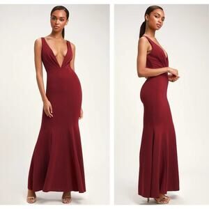 LULUS Adelina Mermaid Maxi Dress Maroon Plunge Neck Red {SS40}